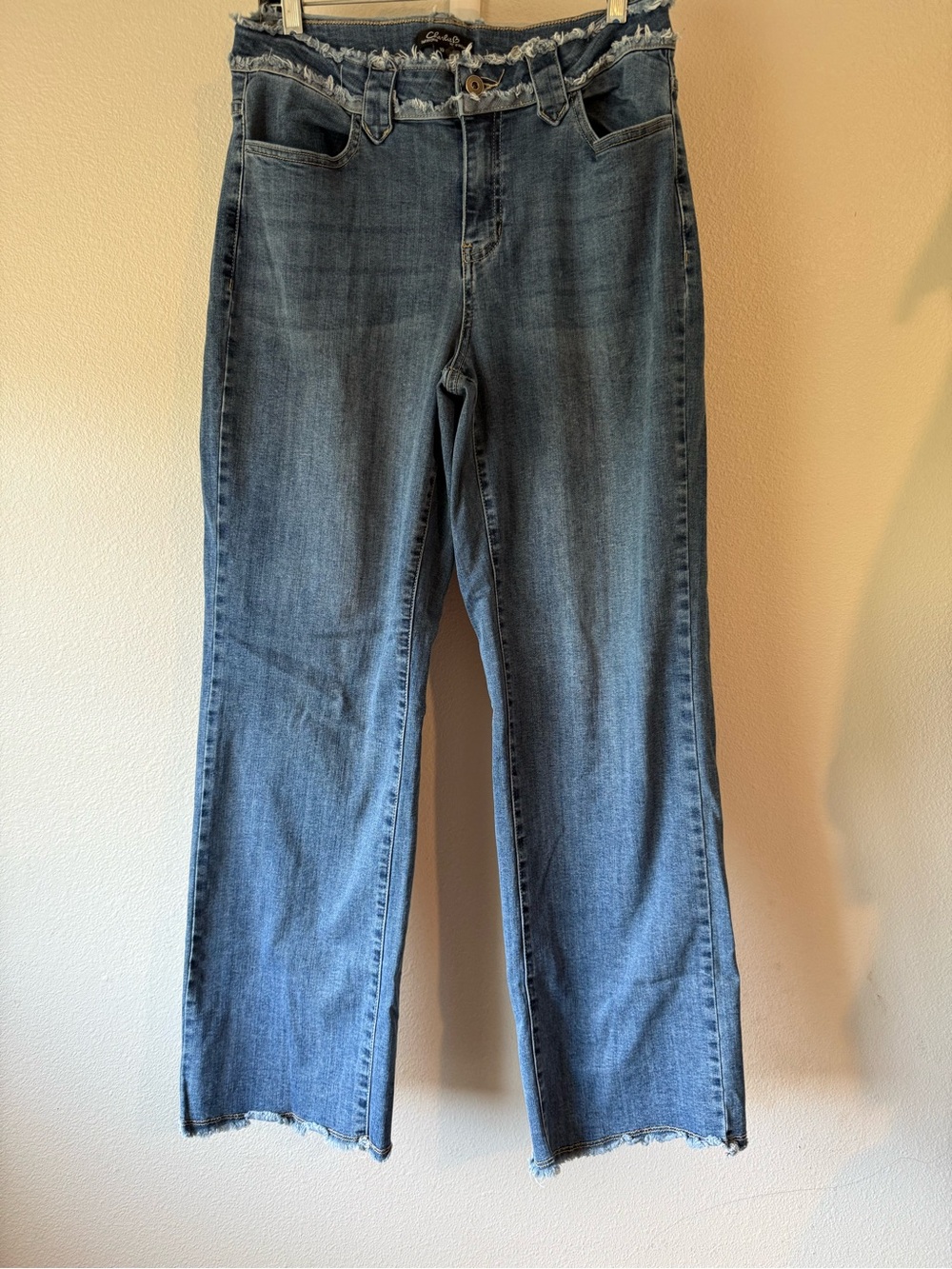 CHARLIE B Medium Blue Wide-Leg Jeans with Raw Frayed Waist and Hem